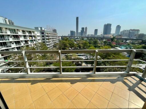 View of the city skyline from a balcony