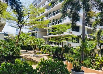 Modern apartment building with garden