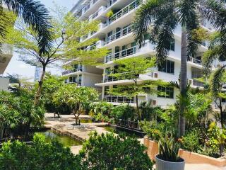 Modern apartment building with garden