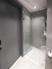 Modern bathroom with glass shower enclosure