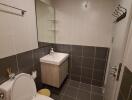 Modern bathroom with toilet, sink, and wall mirror