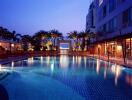 Pool area with evening lighting