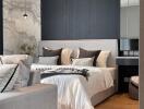 Modern bedroom with grey accents and king-sized bed