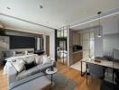 Modern studio apartment with integrated living, sleeping, and kitchen areas