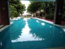 Outdoor swimming pool with clear blue water and surrounding greenery