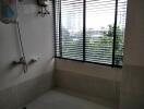 Bathroom with shower, window, and wall mounted heater