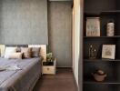 Stylish modern bedroom with elegant decor and shelving