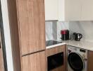 Modern kitchen with wooden cabinets, appliance, and marble backsplash