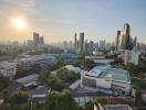 Cityscape with various buildings and greenery during sunset