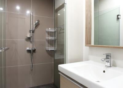 Modern bathroom with walk-in shower and vanity