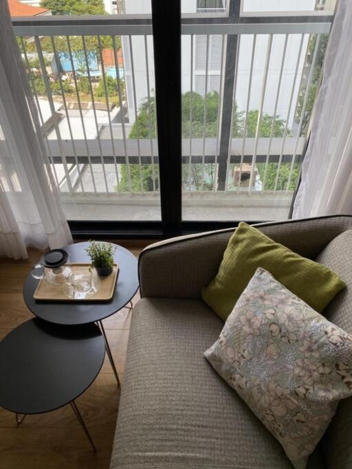 Modern living room with large windows, a cozy couch, and a coffee table with a tray and plant