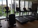 Modern gym with cardio equipment and city view