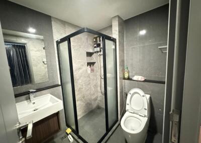 Modern bathroom with glass shower enclosure, toilet, and sink