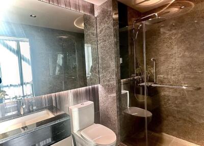 Modern bathroom with glass shower enclosure