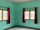 Empty bedroom with windows and red curtains