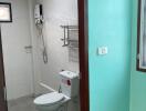 A bathroom with a toilet, shower, and teal walls