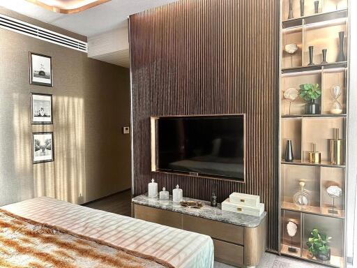 Modern living room with TV and decorative shelves