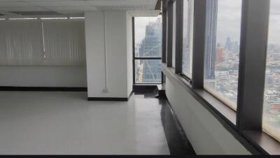 Empty office space with large windows and city view