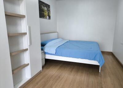 Modern bedroom with blue bedding and wooden flooring