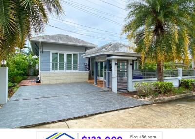 Front view of a modern house with a driveway and palm trees