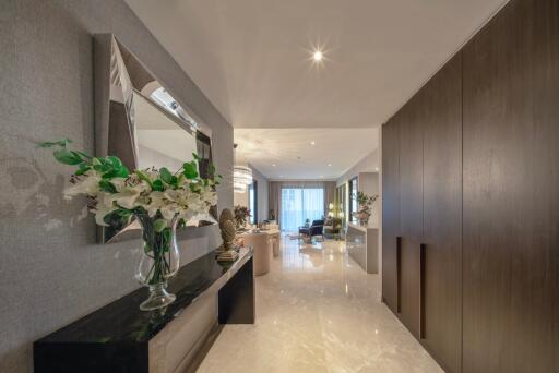 Modern living room with polished marble floor