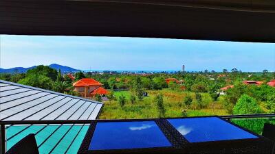 Outdoor balcony with a scenic view of the surrounding landscape