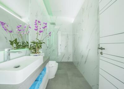 Modern bathroom with marble walls, contemporary fixtures, and decorative plants