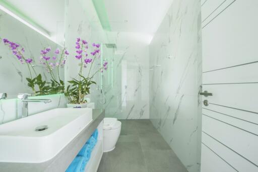 Modern bathroom with marble walls, contemporary fixtures, and decorative plants