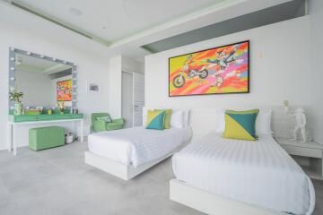 Modern bedroom with twin beds and colorful decor