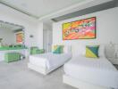 Modern bedroom with twin beds and colorful decor