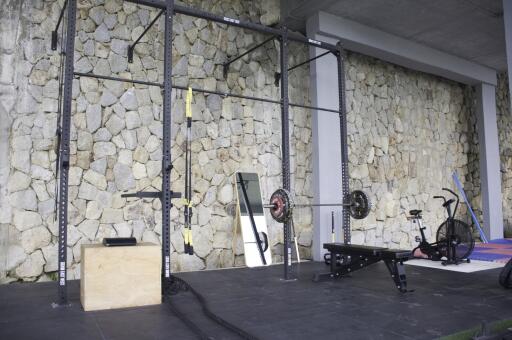 Home gym with stone wall and fitness equipment