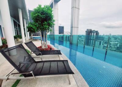 Rooftop swimming pool with city views and lounge chairs