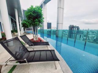 Rooftop swimming pool with city views and lounge chairs