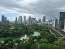 View of city skyline and park with lake