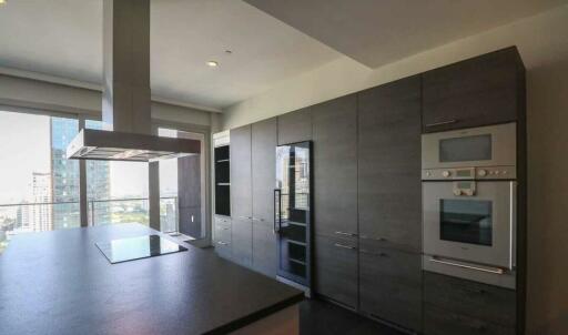 Modern kitchen with dark cabinetry and built-in appliances