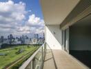 Spacious glass balcony with cityscape view