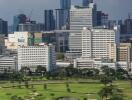 View of city buildings and green park with water features