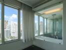 Modern bathroom with a city view