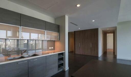 Modern kitchen with ample storage and scenic view