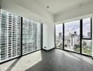 Modern living room with large windows and city view