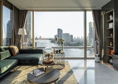 Modern living room with large windows and city view