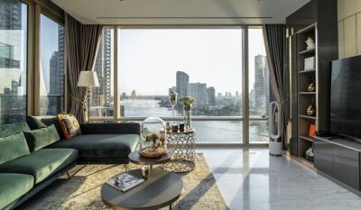 Modern living room with large windows and city view