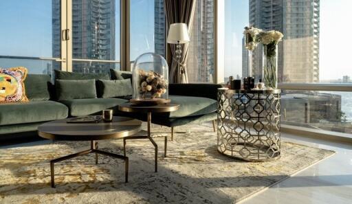 Modern living room with a view of city skyscrapers