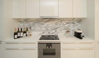 Modern kitchen with marble backsplash