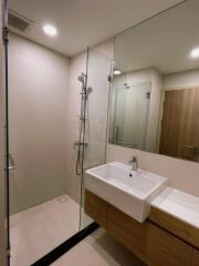 Modern bathroom with glass shower and vanity