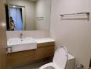 Modern bathroom with sink, mirror, toilet, and towel rack