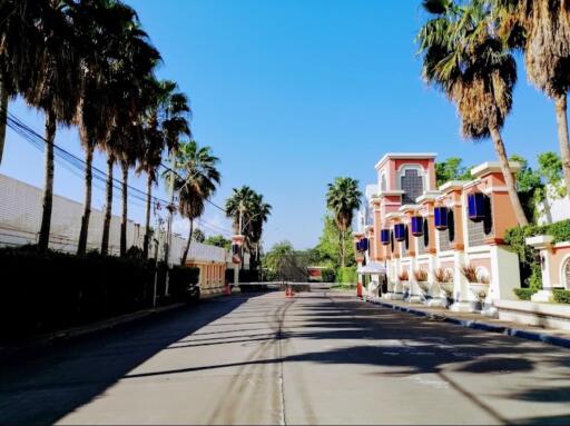 Street view of residential buildings with palm trees