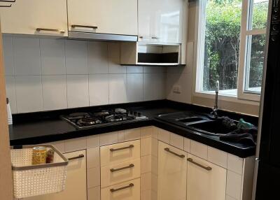 Modern kitchen with black countertops and white cabinets