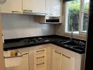 Modern kitchen with black countertops and white cabinets