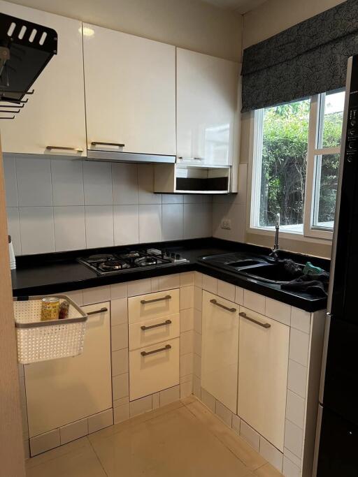 Modern kitchen with black countertops and white cabinets